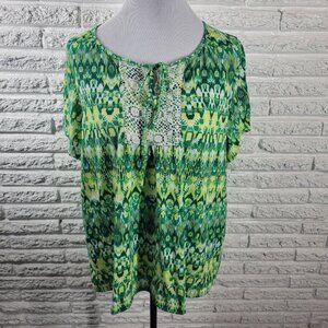 Kim Rogers Womens Top 1X Tee Green Geometric Polyester Lace Keyhole GEO129E
